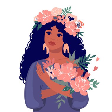 Elinde bir buket çiçek tutan sevimli siyah bir kız. Vektör hisse senedi çizimi. Bahar, yıldönümü, doğum günü için tasarım. Beyaz arkaplanda izole.