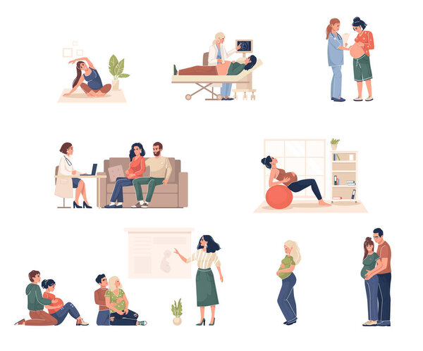 Коллекция беременных женщин посещают врачи, курсы беременности, делают гимнастические упражнения и йогу. Здоровая беременность. Векторная иллюстрация, плоский стиль мультфильма, изолированный на белом фоне.