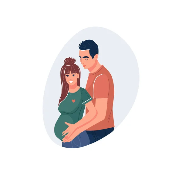 Una pareja joven está esperando un bebé. Mujer embarazada con vientre grande y su marido abrazador. Feliz embarazo. Futuros padres, familia, maternidad, paternidad. Ilustración vectorial. Estilo de dibujos animados plana — Vector de stock