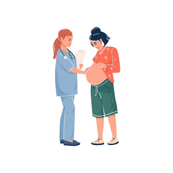 Bella scena con una donna che aspetta un bambino. Visita dal medico, esame. Design piatto del cartone animato. Isolato su uno sfondo bianco. Illustrazione vettoriale. — Vettoriale Stock