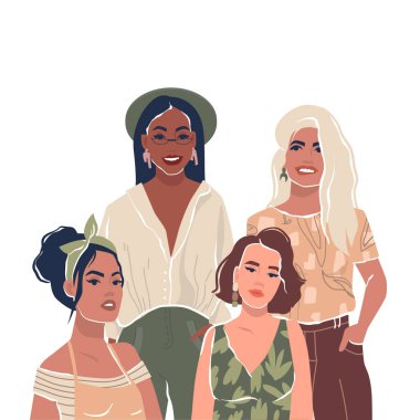 Genç, şık giyimli kadınlar ya da kızlar yan yana dururlar. Kız arkadaşlar. Düz karakterler. Beyaz arka planda izole edilmiş. Vektör stok illüstrasyonu.