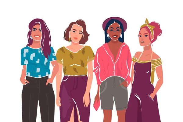 Giovani donne alla moda o ragazze. Un gruppo di amiche, attiviste del femminismo. Personaggi dei cartoni animati isolati su sfondo bianco. Illustrazione vettoriale. — Vettoriale Stock