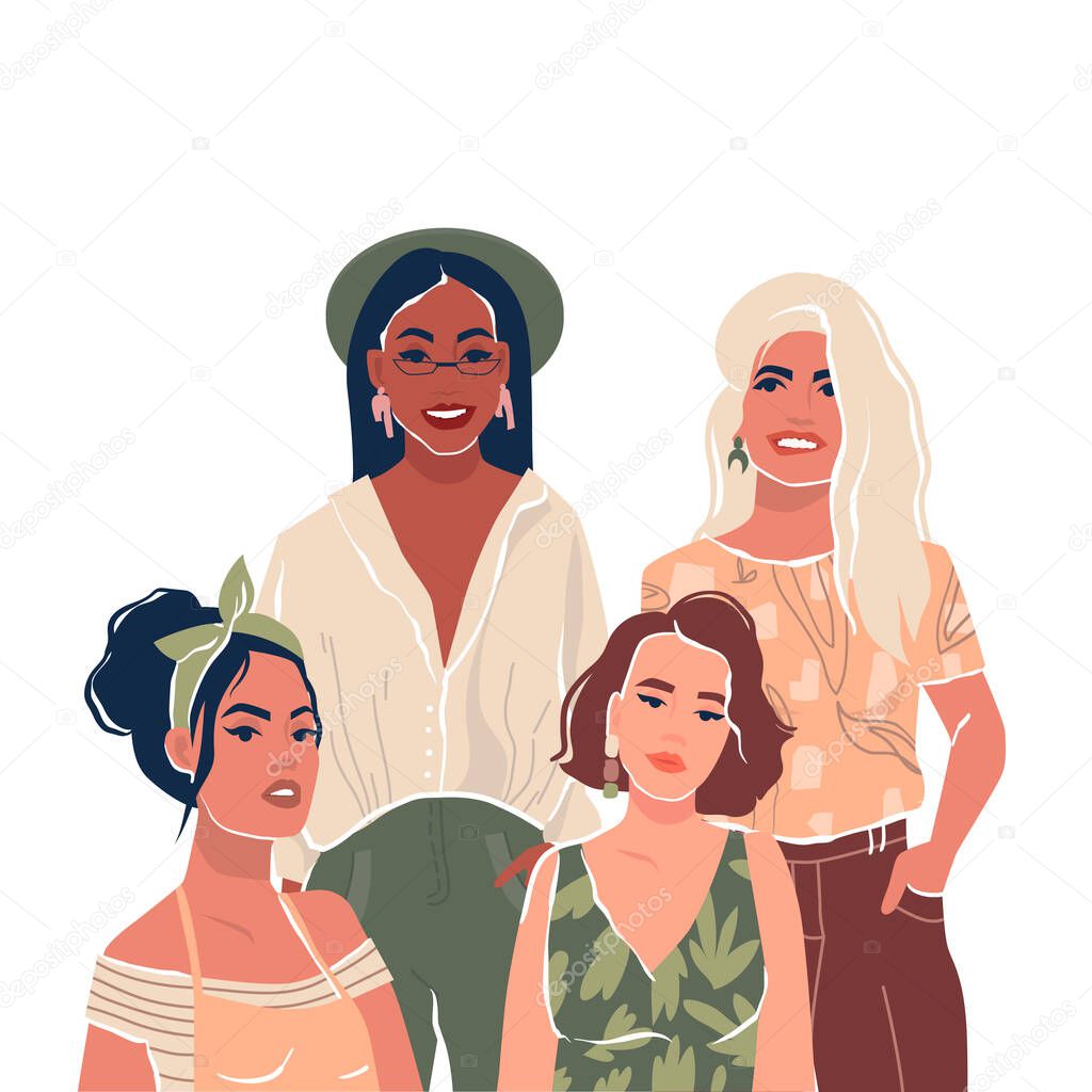 Young stylishly dressed women or girls stand side by side. Girlfriends. Flat characters. Isolated on white background. Vector stock illustration.
