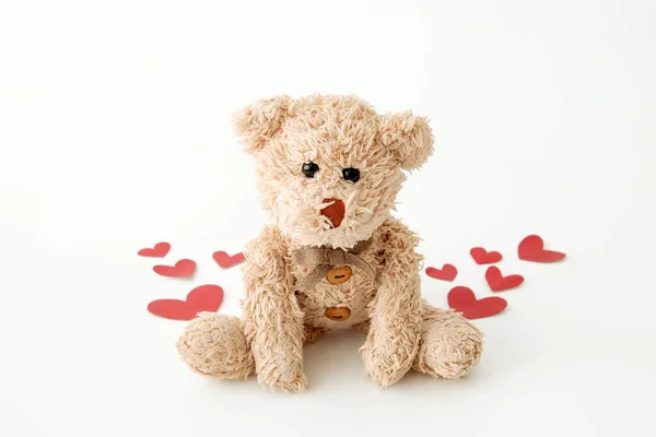 Cute Little Teddy Bear Happy Many Hearts Valentine — Stock Photo, Image