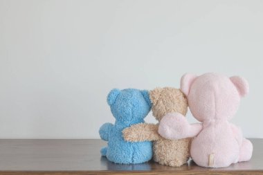 Arkadaşlık. Kollarında üç oyuncak ayı.