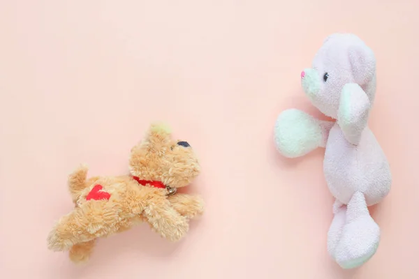 Teddy bear and cute puppy doll are hugging on a pink background.