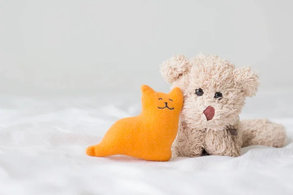 Oyuncak ayı ve arkadaşı yatakta yatıyor.