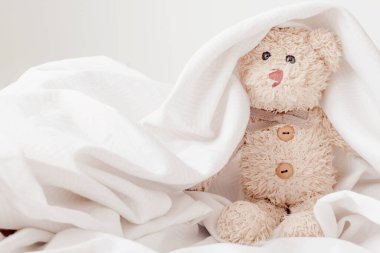 Sevimli oyuncak ayı kumaşla saklambaç oynuyor, Happy Feel konsepti..