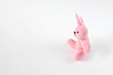 Beyaz arka planda oturan sevimli pembe bir tavşan.