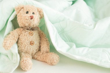 Şirin küçük oyuncak ayı yeşil bir battaniyenin üzerinde uyuyor, Doll dinleniyor.