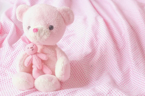 Oyuncak ayı ve pembe kumaşlı küçük tavşan.