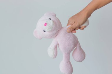 Beyaz arka planda oyuncak ayı tutan insan eli.