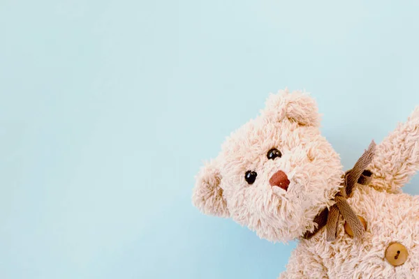 Oso Peluche Con Lazo Azul Sobre Fondo Blanco —  Fotos de Stock