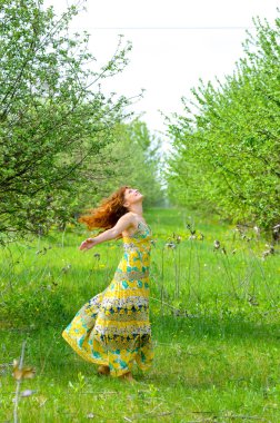 genç güzel kız bahar yeşil elma bahçesi içinde yürür