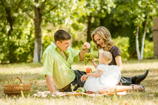 Mutlu bir aile parkta yürüyor. — Stok fotoğraf