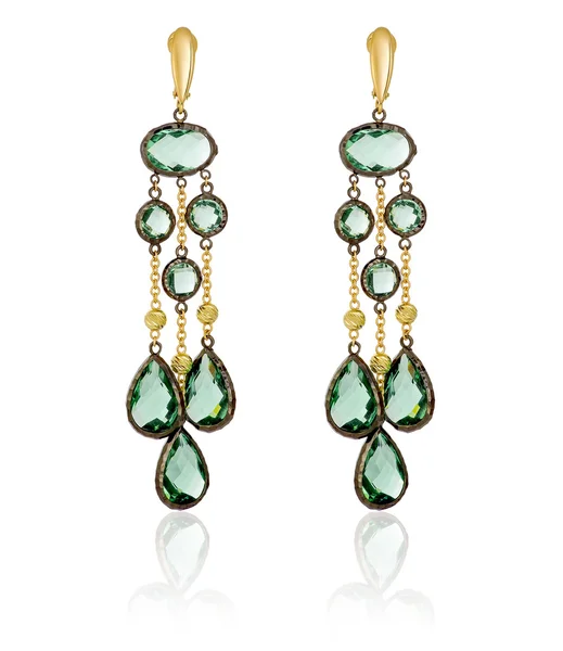 Gold earrings with green stones — Stock Photo, Image