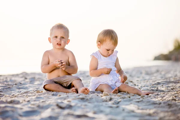 Kleine Kinder spazieren im Sommer am Strand — Stockfoto