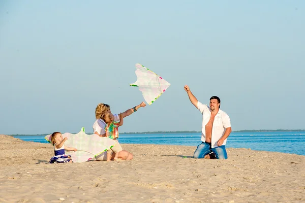 Happy family launching a kite. — Stock Photo, Image