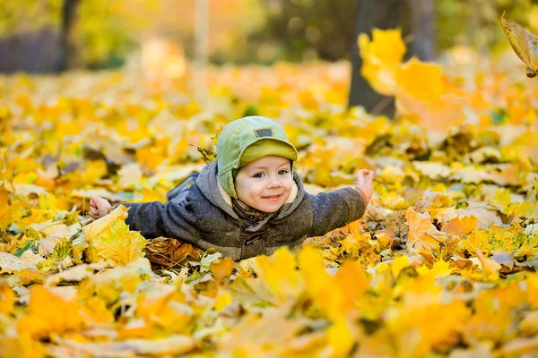 Criança coloca em folhas amarelas — Fotografia de Stock