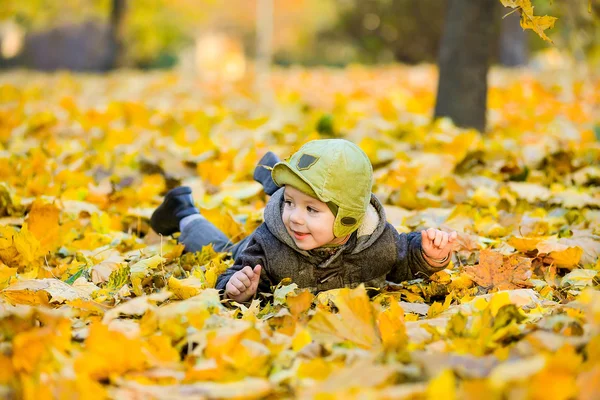 Kid lays in yellow leaves — Stock Photo, Image