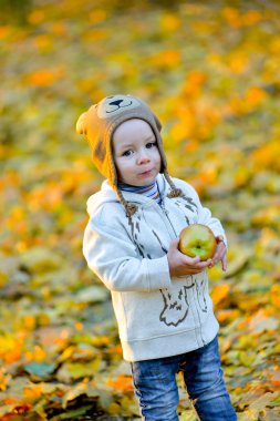sonbaharda bir elma ile neşeli çocuk