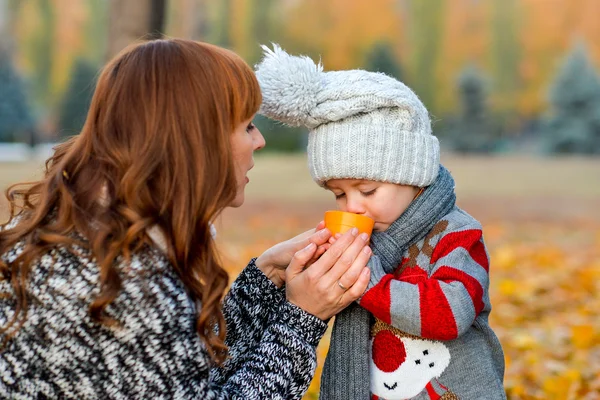 Moeder met baby in het park in het najaar — Stockfoto