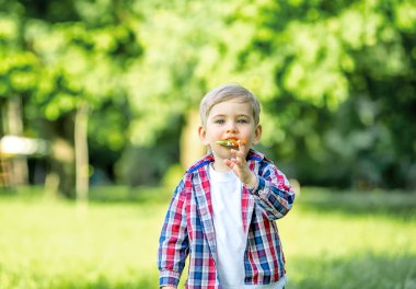 parkta bir lolipop yemek yürümeye başlayan çocuk