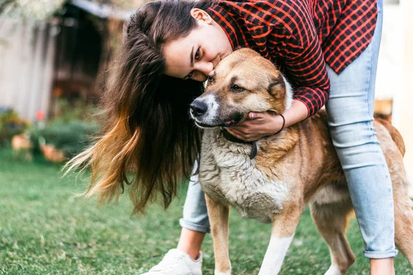 Flicka som leker med sin hund — Stockfoto