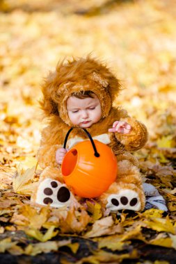 Aslan kostümlü çocuk parktaki sarı sonbahar yapraklarında oynuyor. Çocuğun neşeli ve mutlu bir çocukluğu..