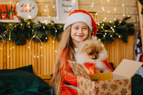 Hermosa chica en el sombrero de Santa tiene un cachorro como regalo para el Año Nuevo, la magia de Navidad y el milagro, los sueños se hacen realidad — Foto de Stock