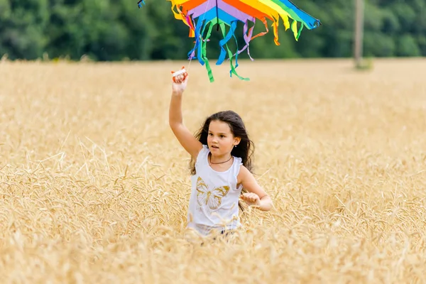 Menina Corre Campo Trigo Com Papagaio Verão Fim Semana Bem — Fotografia de Stock