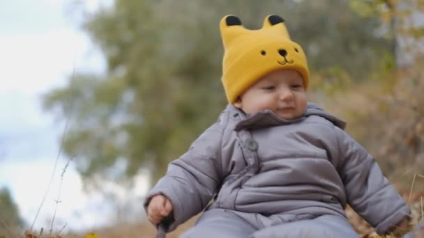 El niño se sienta en hojas amarillas en el parque en el otoño. Caminata de otoño con el bebé. Reconocimiento del niño con hojas amarillas de otoño. — Vídeo de stock