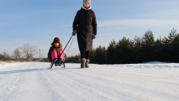 Buone Vacanze Invernali Passeggiata Invernale Mamma Figlia Nella Foresta Madre — Video Stock