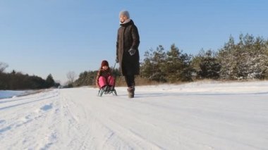 İyi tatiller. Anne ve kızının ormanda kış yürüyüşü. Anne kızını parkta karda kızağa çeker. Kış aile tatilinde parkta.