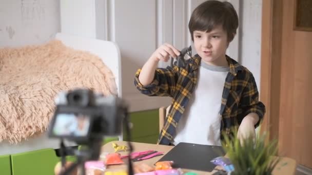 Αγόρι Είναι Vlogger Αγόρι Ηχογραφεί Ένα Βίντεο Για Κανάλι Του — Αρχείο Βίντεο