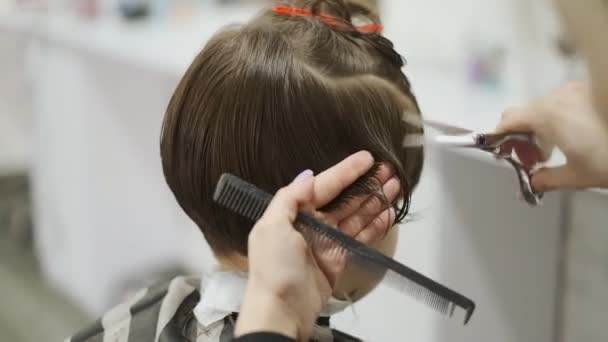 Ostříhání dítěte v kadeřnickém salónu. Profesionální sestřih pro děti v holičství. — Stock video