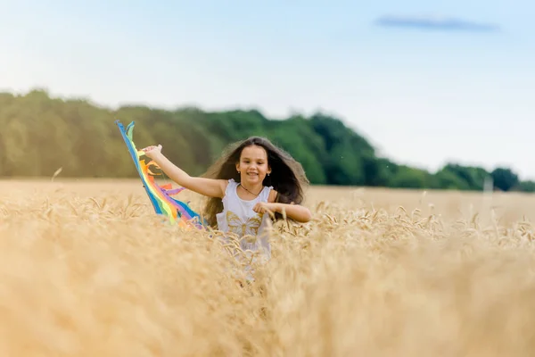 Holčička běhá v létě na pšeničném poli s drakem. Dobře naplánovaný a aktivní víkend. Šťastné dětství. — Stock fotografie