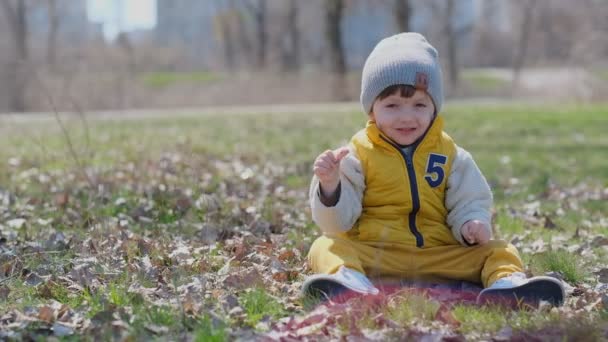 Tavaszi Séta Gyerekkel Parkban Boldog Egészséges Babát Tarve Parkban Tavasszal — Stock videók
