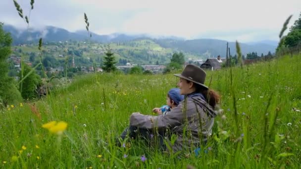 Children Health Walk Baby Alpine Meadow Happy Childhood Family Vacation — Stock Video