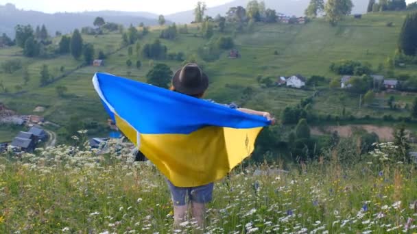 Ung Kvinna Med Flagga Står Berget Kvinna Visar Kärlek För — Stockvideo