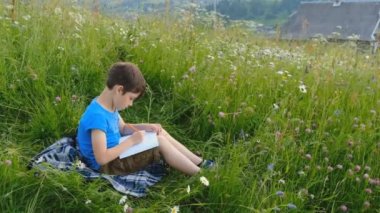 Yazın açık havada çocukların yaratıcı gelişimi. Yaratıcı bir çocuk Alpler 'de manzara resmi çiziyor. Genç bir sanatçı yazın gün batımında bir dağ manzarası çizer..