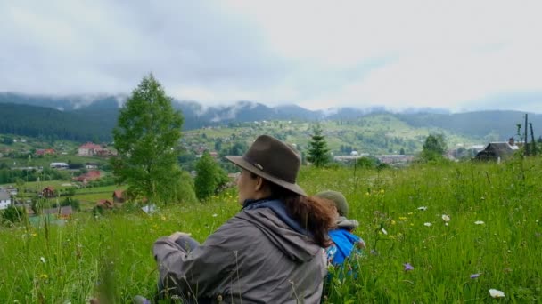 子供の健康 高山草原で赤ちゃんと一緒に歩いてください 幸せな子供時代 山での家族の休暇 — ストック動画