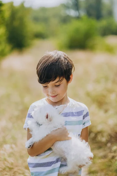 Egy Gyerek Barátsága Egy Kutyával Boldog Fiú Egy West Highland — Stock Fotó