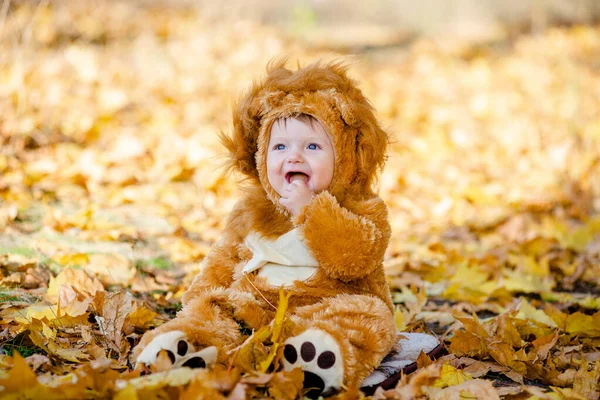 Ένα Παιδί Στολή Λιονταριού Παίζει Στα Κίτρινα Φθινοπωρινά Φύλλα Στο — Φωτογραφία Αρχείου