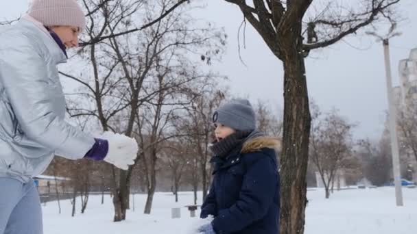 Aktivní odpočinek v zimě v parku. Matka a dítě se baví v parku v zimě během sněžení. — Stock video