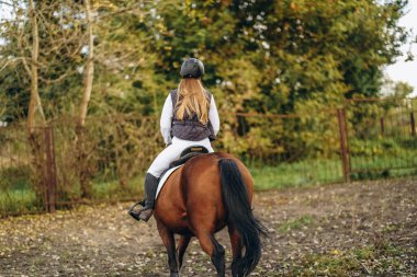Genç ve güzel bir kadın jokey bir gösteri atlama yarışmasına hazırlanıyor. Bir kadın binici kahverengi bir yarış atı sürüyor. Kadın jokey ata biniyor.