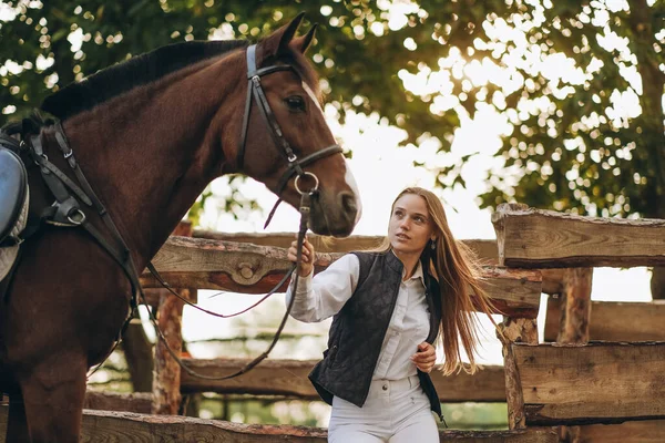 Genç bir dişi binici atının yanında duruyor ve bir yarışa hazırlanıyor. Atlama eğitimini göster. Atları severim..