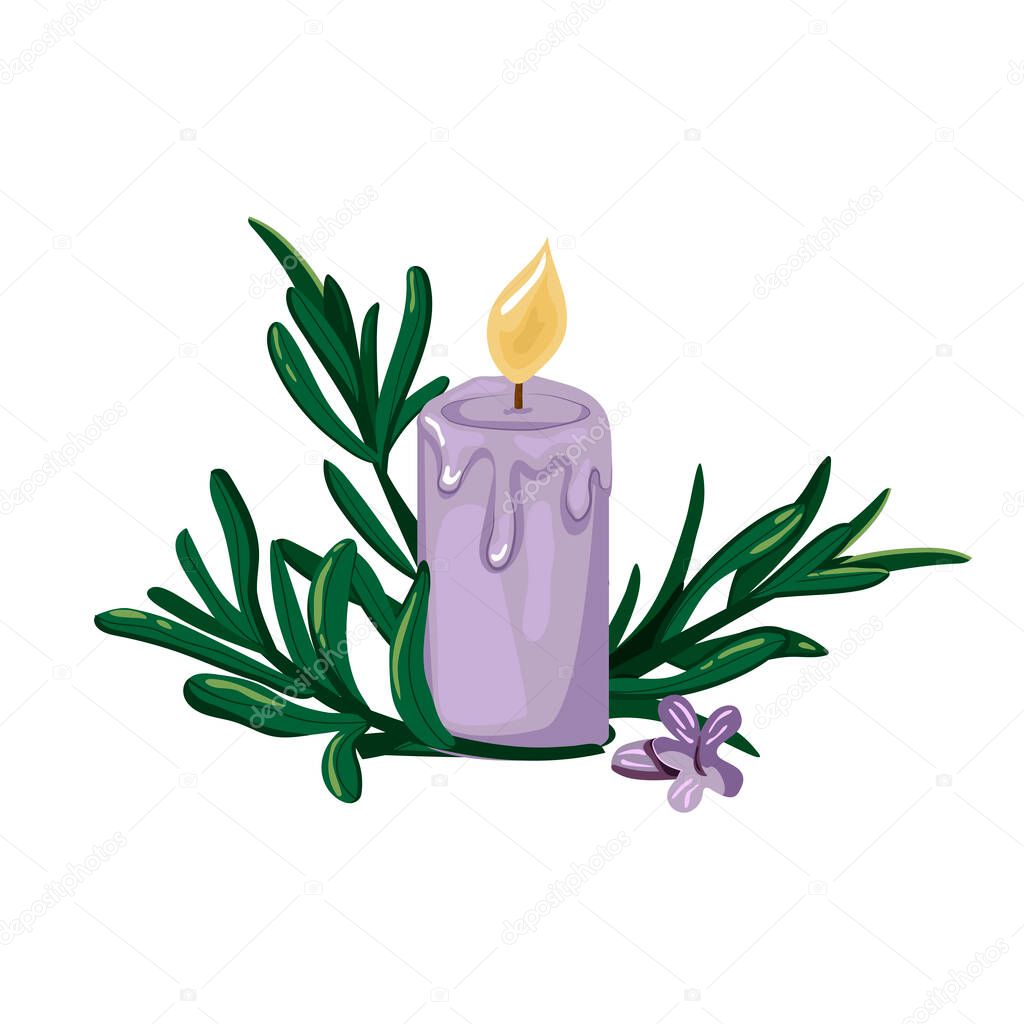 burning candle with lavender. Vector graphics. EPS format