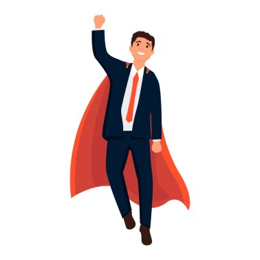 Kırmızı pelerinli iş adamı uçuyor. Takım elbiseli bir adam. İş. Başarı kavramı. Vektör çizimi. EPS biçimi