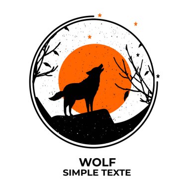 Dağdaki kurt uluyor. Yuvarlak bir çerçevede orman manzarası. Vektör. EPS biçimi